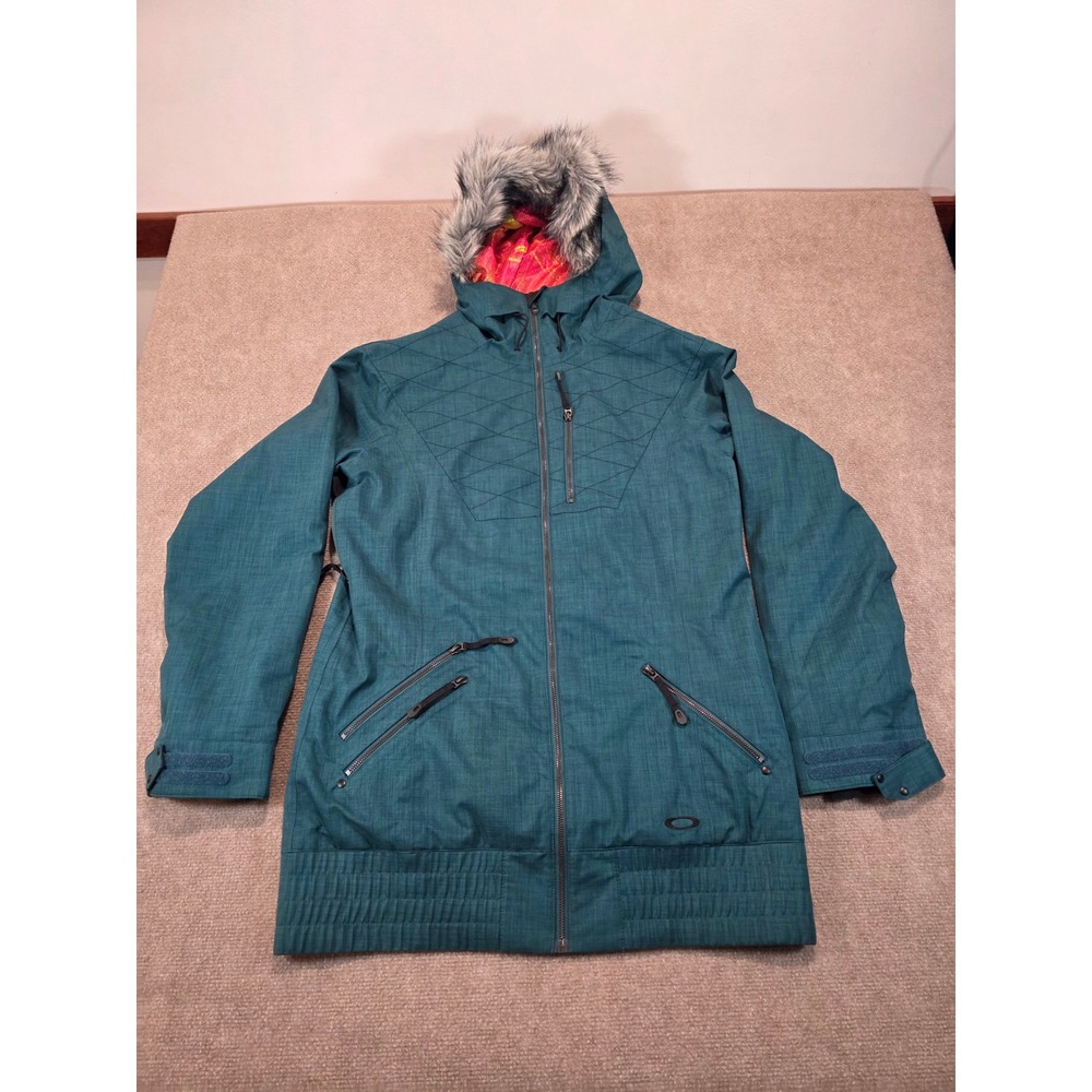 Oakley Anorak Fit Snow Jacket Teal Blue Faux Fur Hood Women Large Ski Snowboard